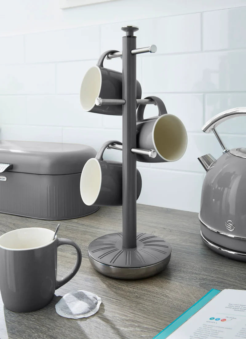 Grey retro towel pole mug tree with several mug hooks and round base
