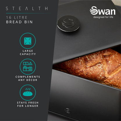 Swan Stealth Bread Bin, Canisters, Utensils, Mug Tree & Towel Pole Kitchen Set (Black)