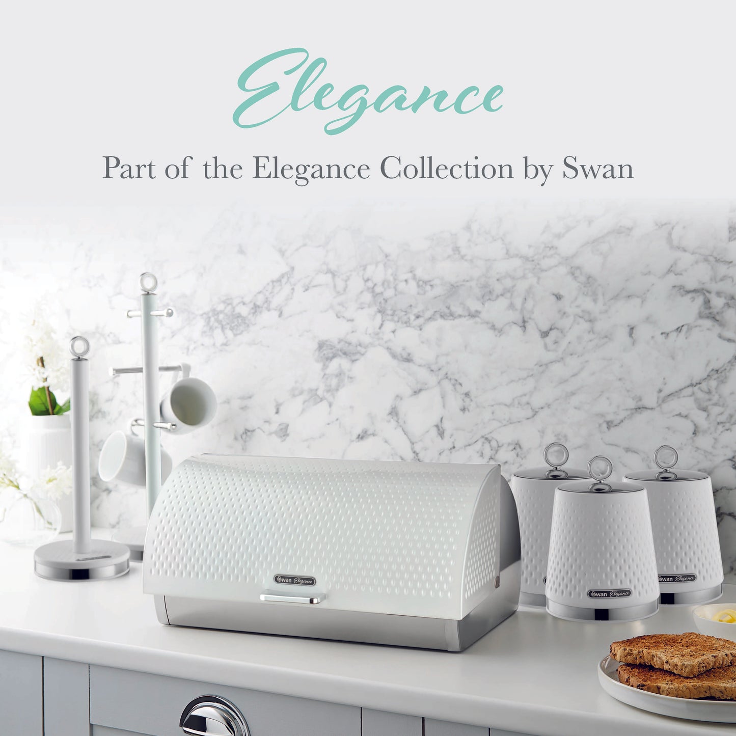 Swan Elegance Kettle, 4 Slice Toaster, Bread Bin & Canisters Kitchen Set (White)