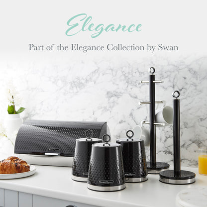 Swan Elegance Kettle, 4 Slice Toaster, Bread Bin & Canisters Kitchen Set (Black)