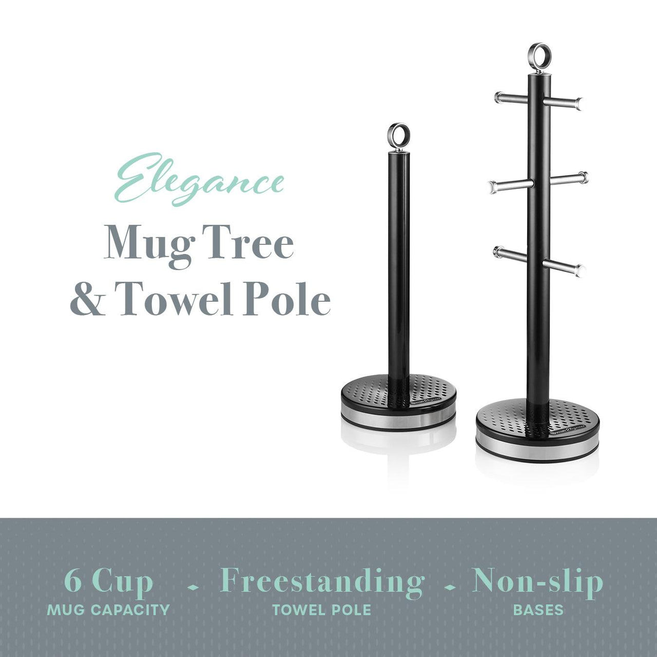 Black mug tree and towel pole set with round non-slip bases