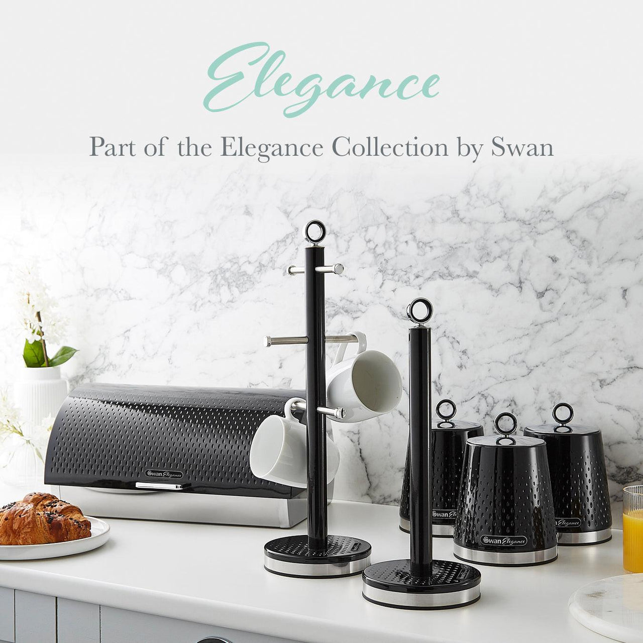 Elegance black towel pole and mug tree set with cup hooks and bases