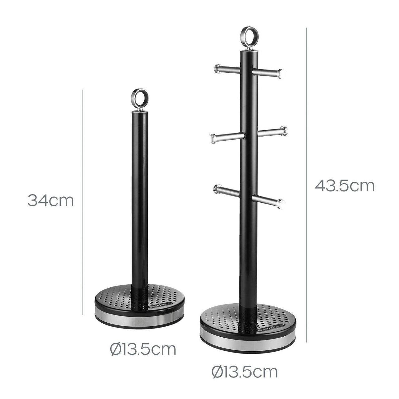 Black mug tree and towel pole set with height dimension labels