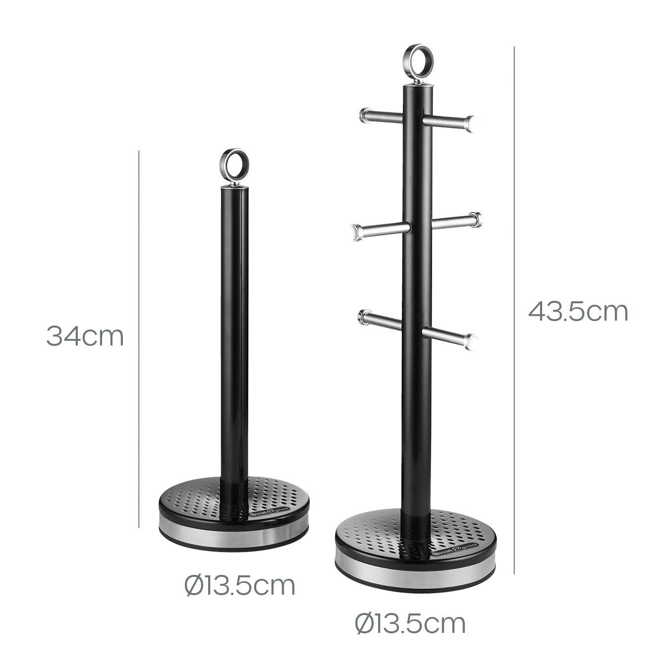 Black mug tree and towel pole set with height dimension labels
