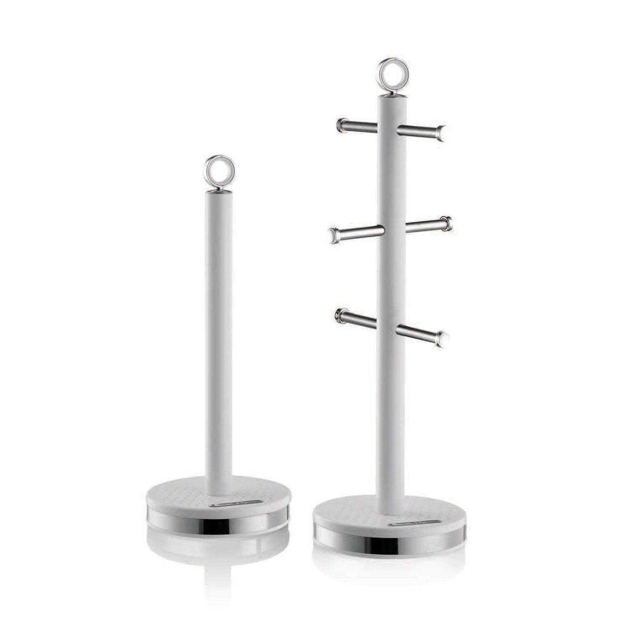 White towel pole and mug tree set with two posts and horizontal bar hooks