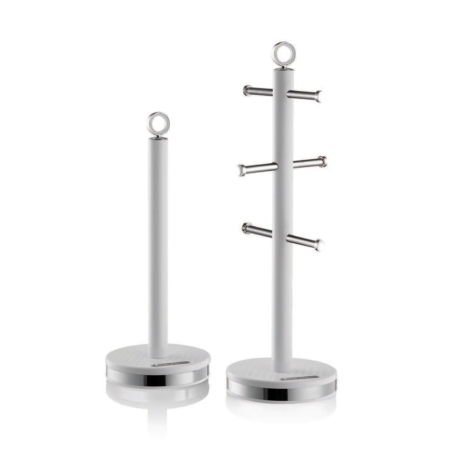White towel pole and mug tree set with two posts and horizontal bar hooks