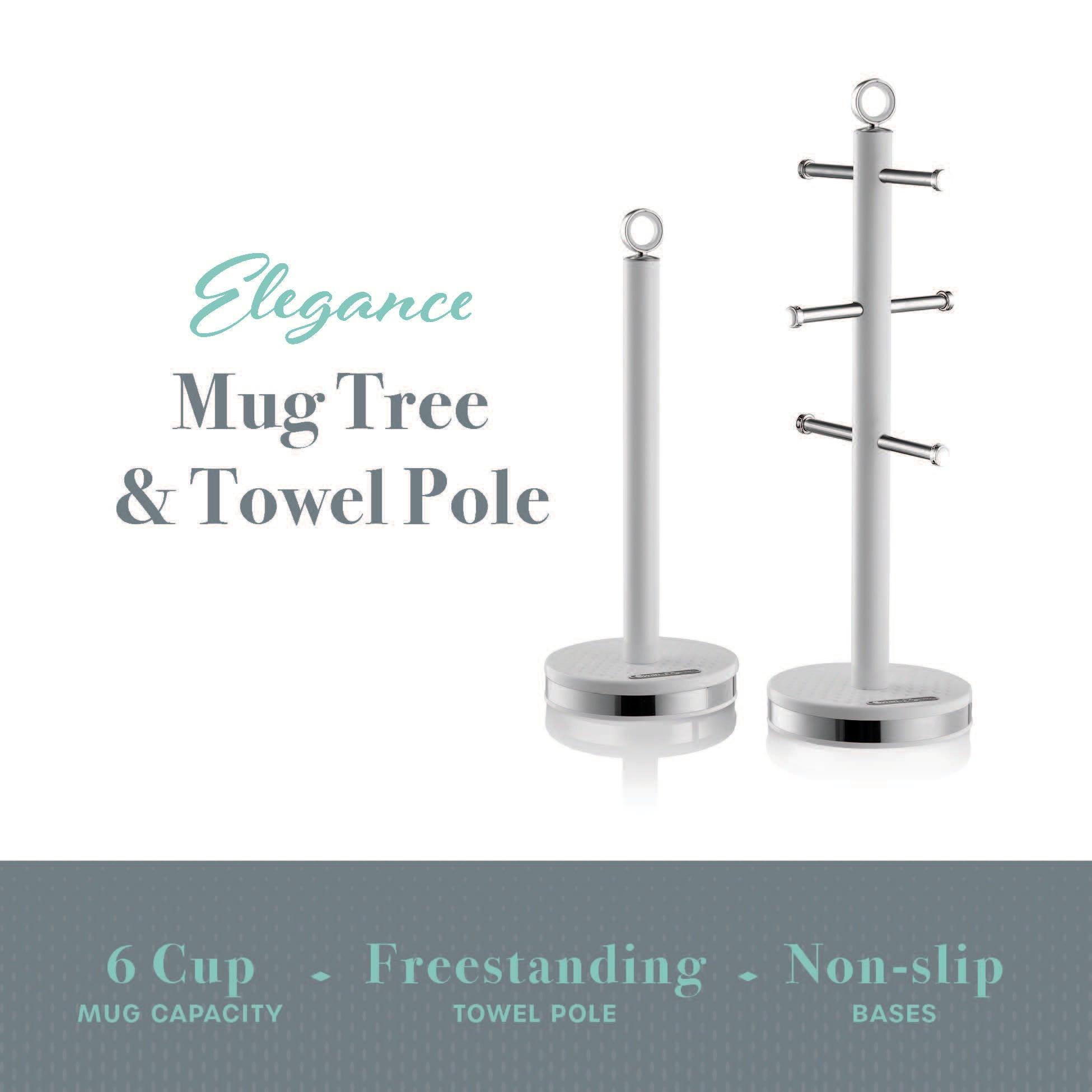 White mug tree and towel pole set, two posts with bar hooks over round bases