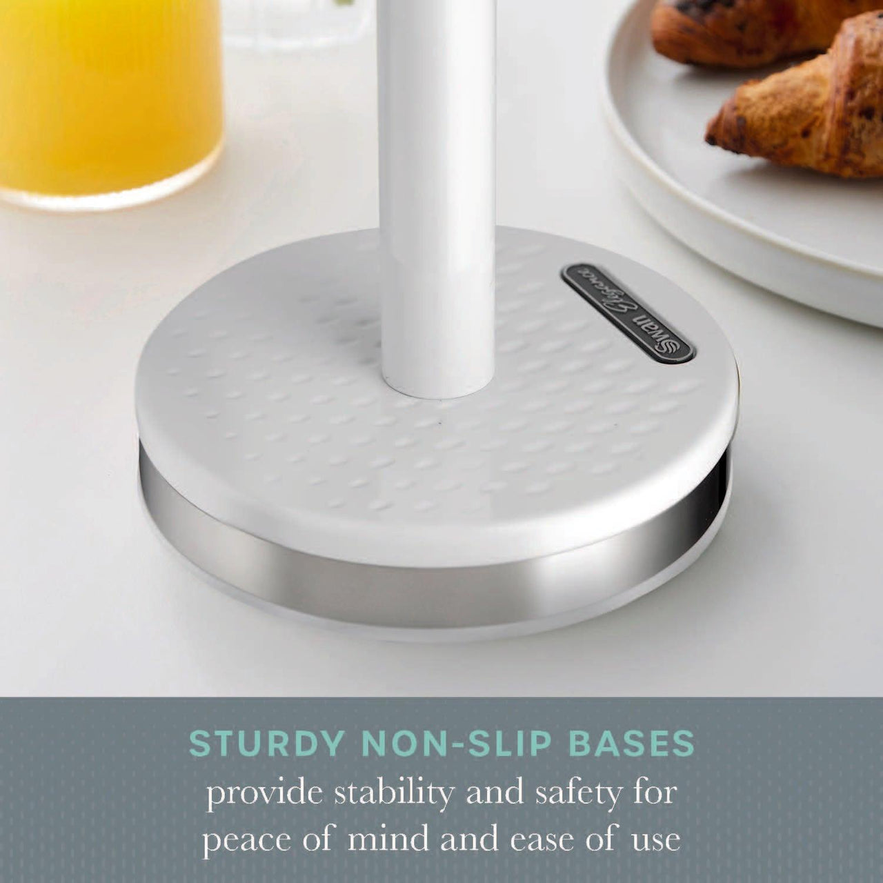 White non-slip base ring with towel pole stand and stainless accent