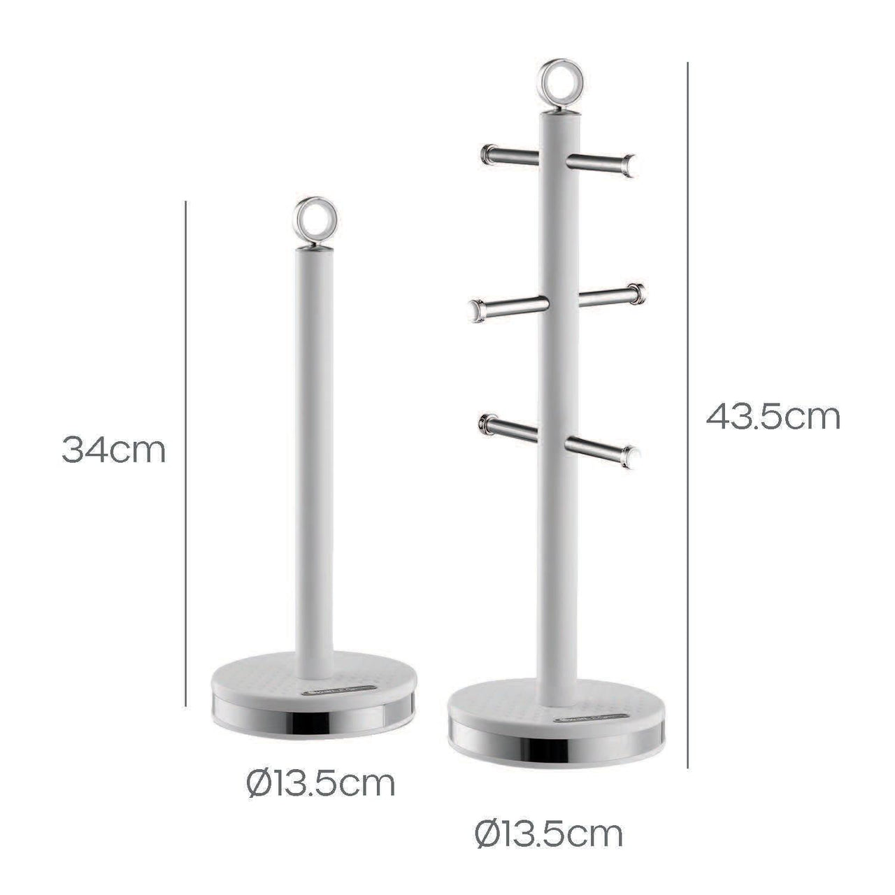 White freestanding mug tree and towel pole with round base and three bar hooks