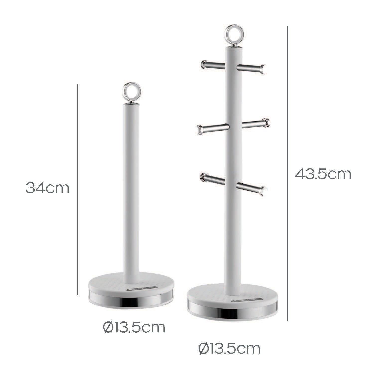 White freestanding mug tree and towel pole with round base and three bar hooks