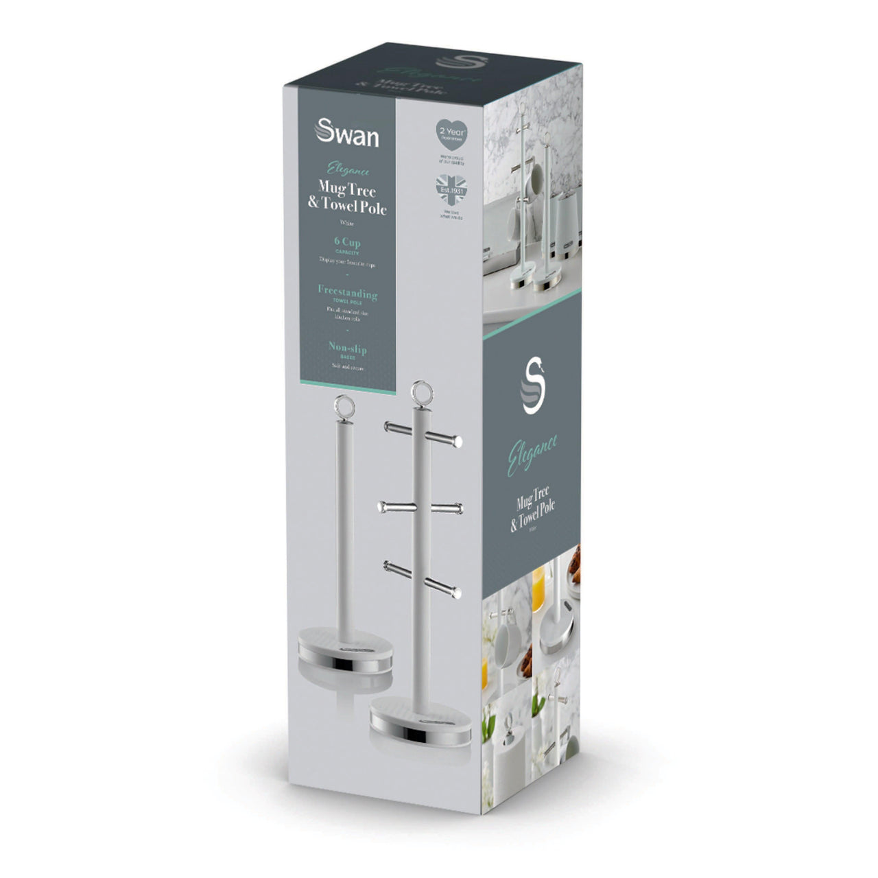 White towel pole with mug tree hooks and stainless accents on round mirror-finish bases