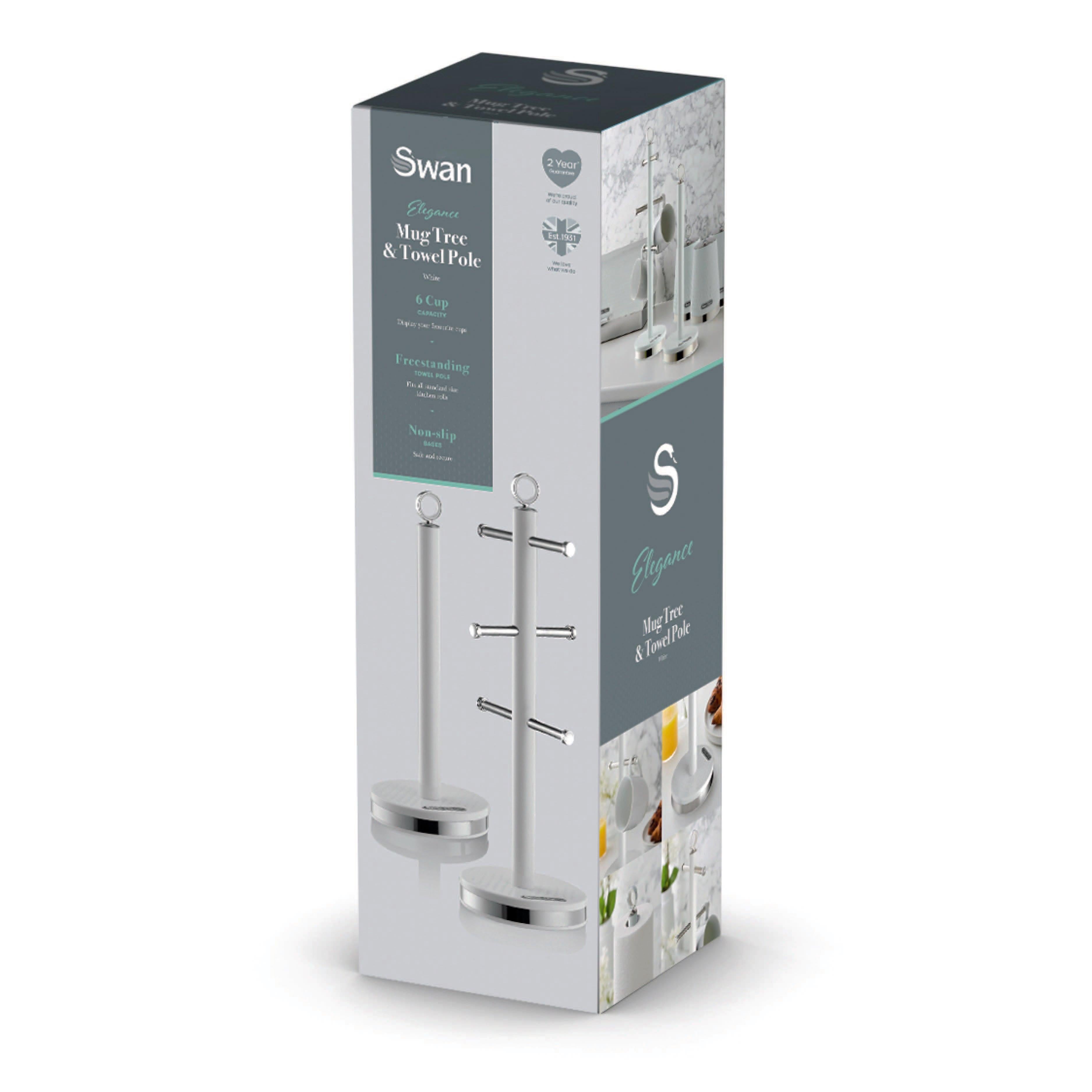 White towel pole with mug tree hooks and stainless accents on round mirror-finish bases
