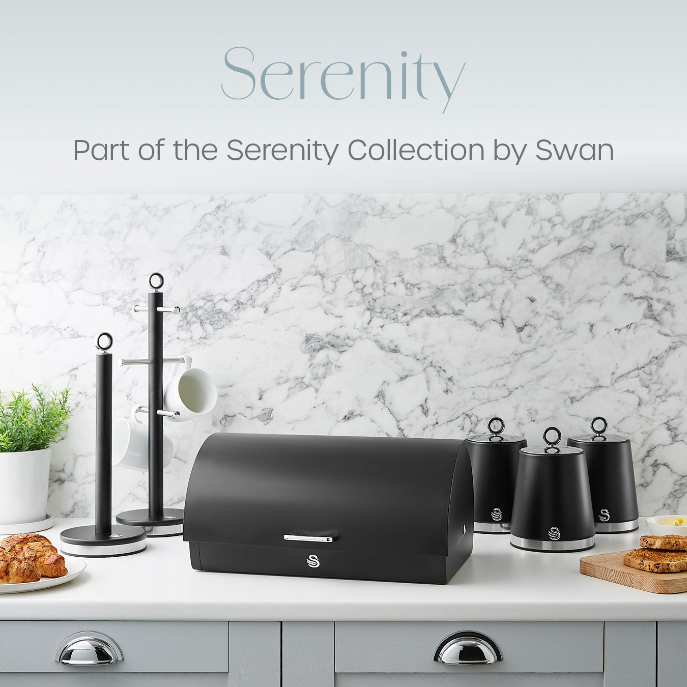 Swan Serenity Kettle, 4 Slice Toaster, Bread Bin & Canisters Matte Kitchen Set (Black)