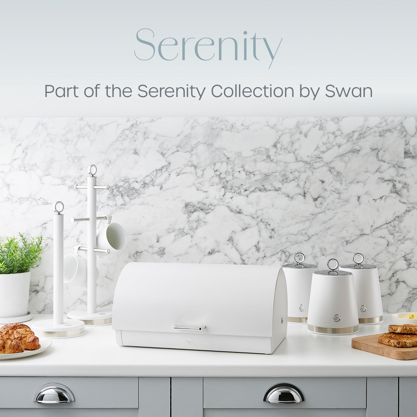 Swan Serenity Kettle, 4 Slice Toaster, Bread Bin & Canisters Matte Kitchen Set (white)