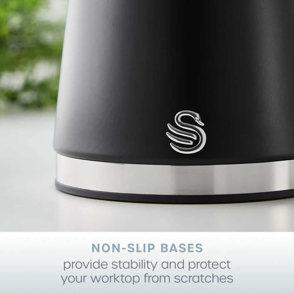 Swan Serenity Kettle, 4 Slice Toaster, Bread Bin & Canisters Kitchen Set (Black) - Vibe Home