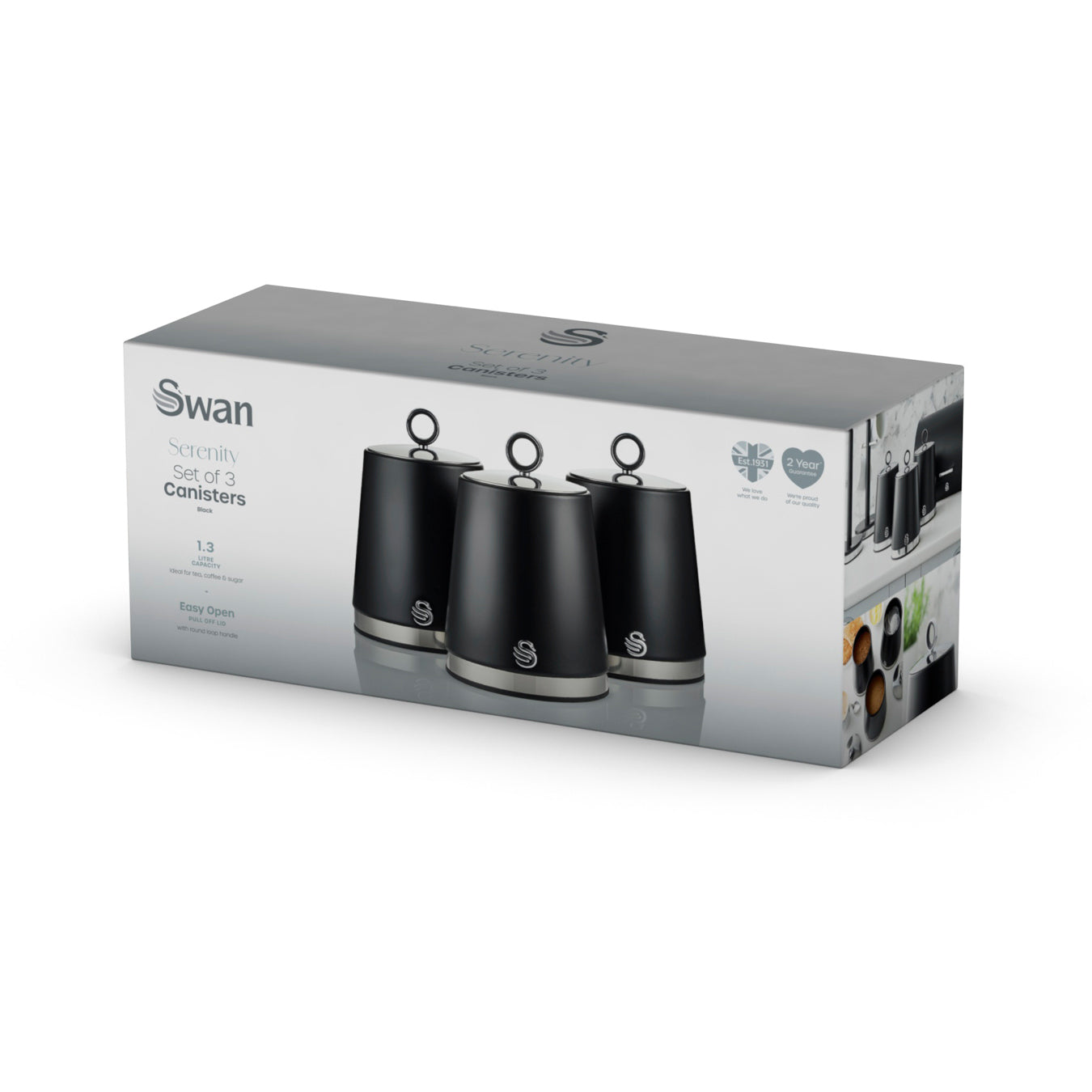 Swan Serenity Canisters Set Coffee Tea Sugar SWKA18536BLK (Black)