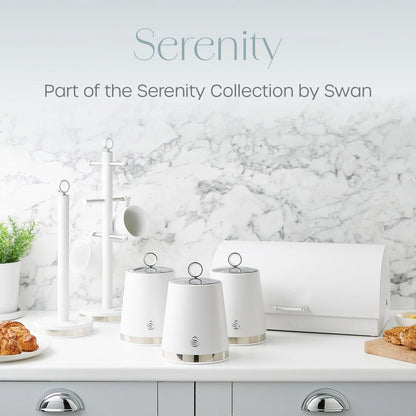 Swan Serenity White Kettle, 4 Slice Toaster, Bread Bin Canisters Kitchen Set