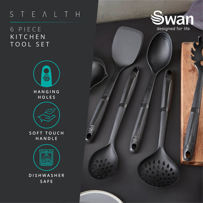 Swan Stealth Bread Bin, Canisters, Utensils, Mug Tree & Towel Pole Kitchen Set (Black)