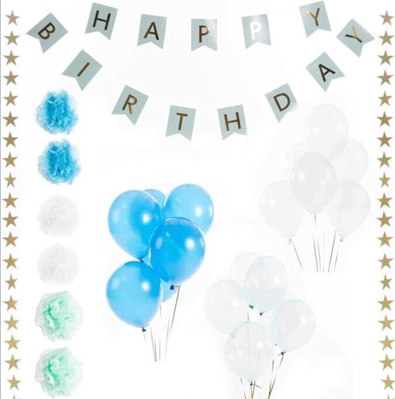 BODYSOCKS Blue Birthday Party Pack - includes Pom Poms, Balloons, Banners and Kids Decorations    Bodysocks Blue Birthday Party Pack Bundle Six pom poms (2 x blue, 2 x white, 2 x green) Eighteen balloons (6 x dark blue, 6 x light blue, 6 x white)