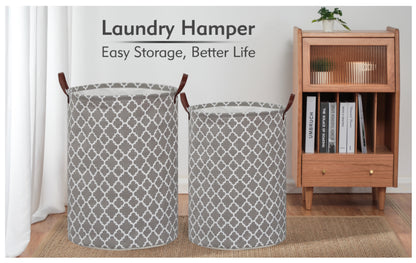 Large Grey Washing Laundry Basket Canvas Collapsible With Leather Handles