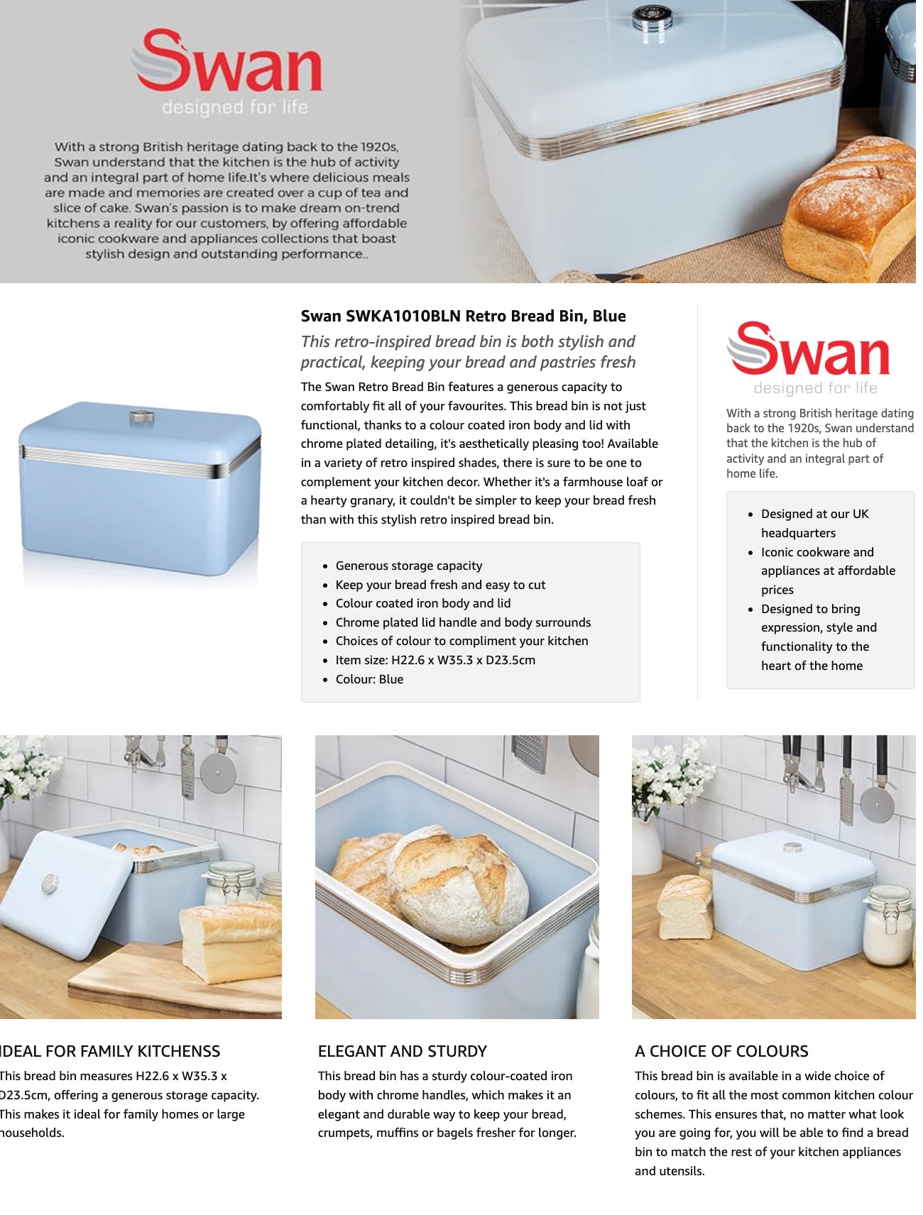 Swan Retro Large Bread Bin Metal SWKA1010BLN (Blue)