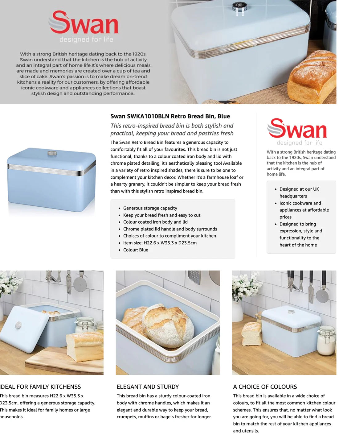 Swan Retro Blue Kitchen Set - Kettle, 4 Slice Toaster, Bread Bin, Canisters