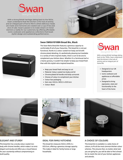 Swan Retro Bread Bin Kitchen Large SWKA1010BN (Black)