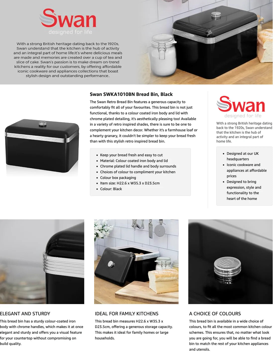 Swan Retro Black Kitchen Set - Kettle, 4 Slice Toaster, Bread Bin & Canisters