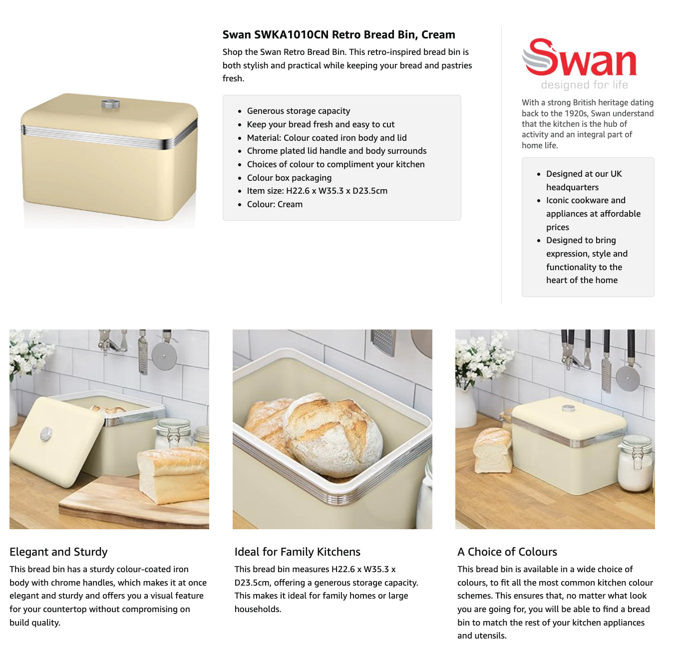 Swan Retro Bread Bin Large Kitchen Storage SWKA1010CN (Cream)