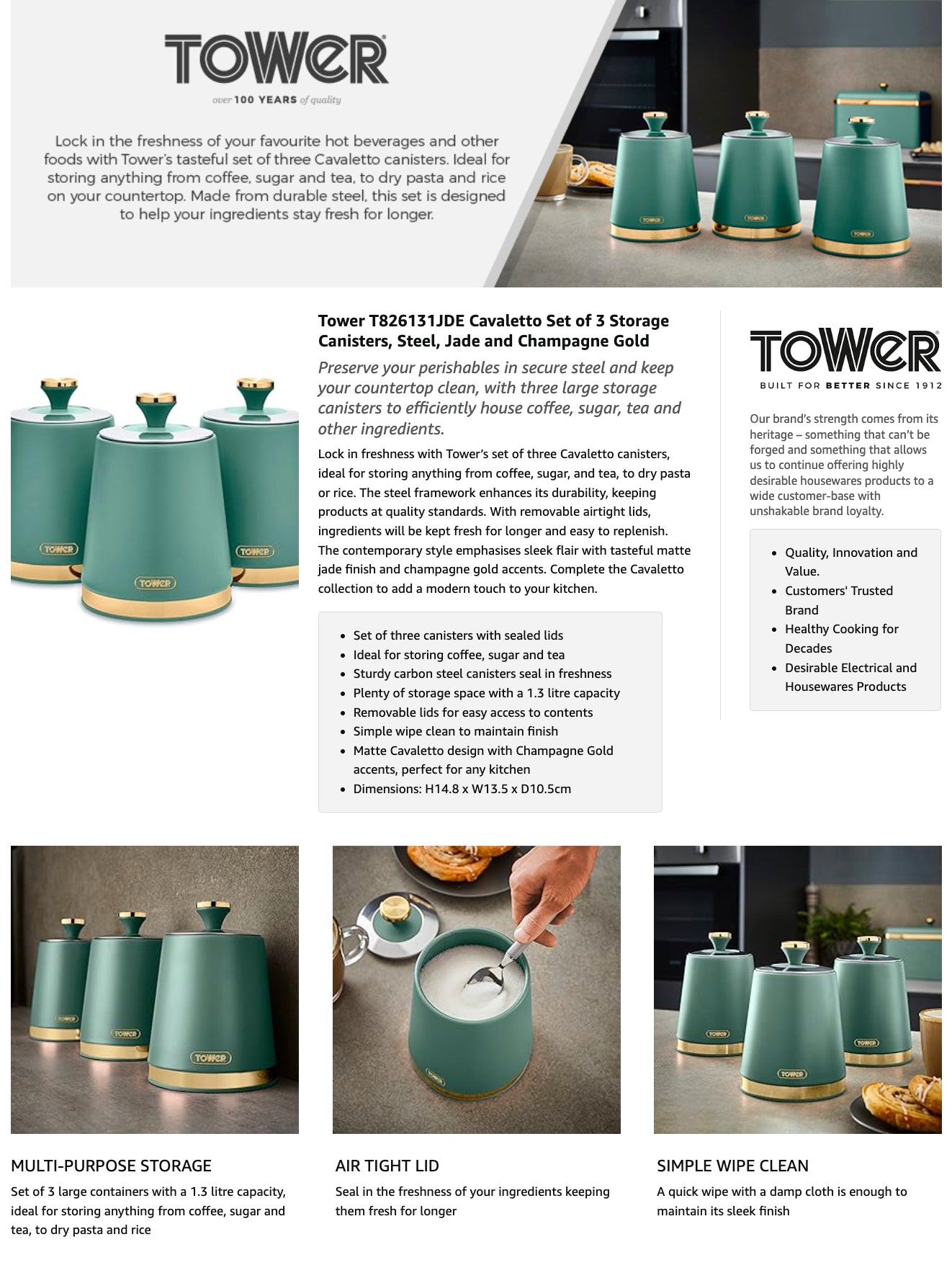 Tower Cavaletto Canister Set Storage Jars T826131JDE (Jade Green)