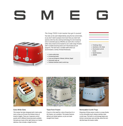 SMEG Retro 4 Slice Toaster TSF03PGUK - Pastel Green