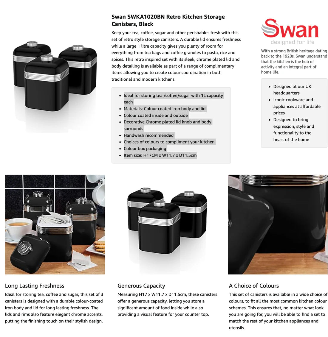 Swan Retro Black Kitchen Set - Kettle, 2 Slice Toaster, Bread Bin, Canisters