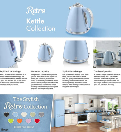 Swan Retro Kettle & 4 Slice Toaster Kitchen Set - Blue