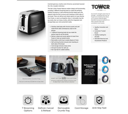 Tower Ash 2 Slice Toaster Wide Slots Metal T20080BLK (Black)