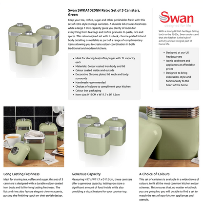 Swan Green Canisters Set Tea Coffee Sugar Canister Kitchen Retro SWKA1020GN