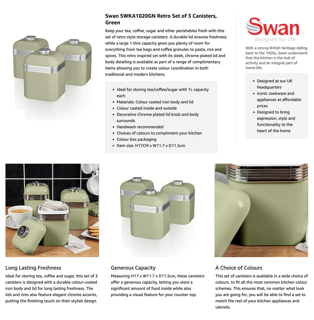 Swan Kettle, 4 Slice Toaster, Canisters, Mug Tree Kitchen Set - Green