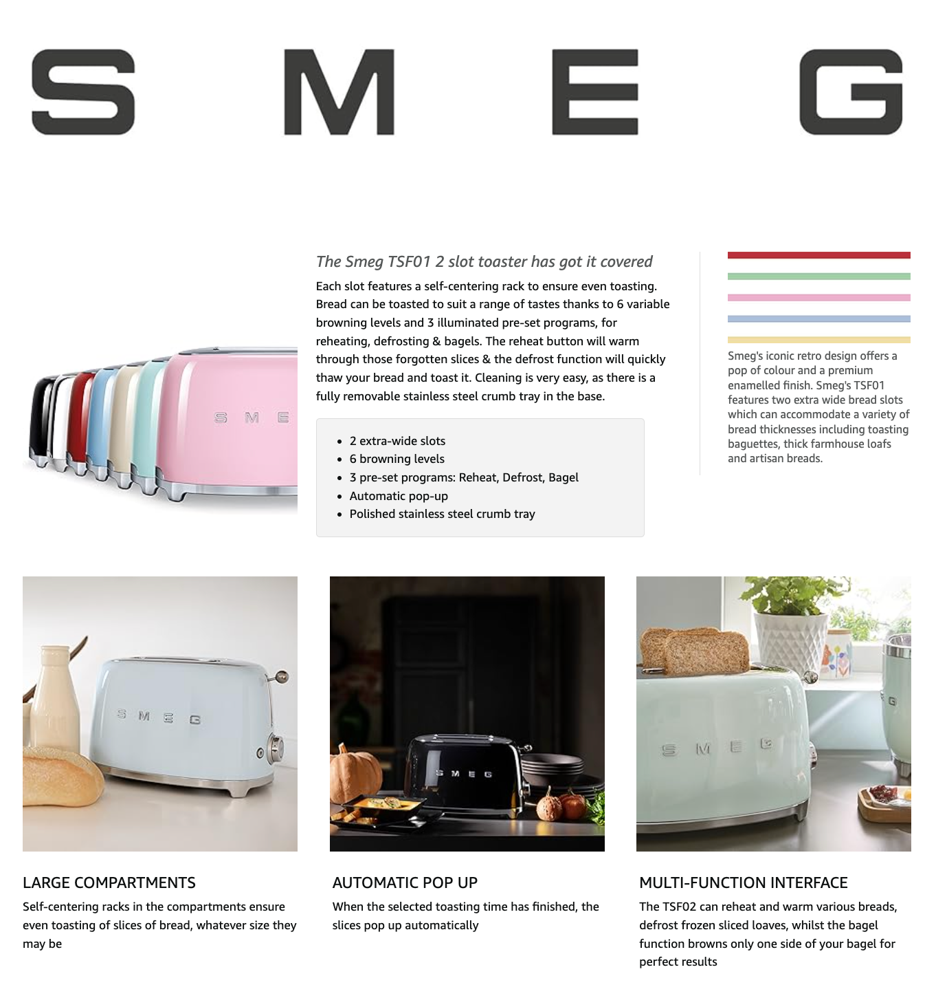 SMEG Grey 2 Slice Toaster Extra Wide Slots Slate Edition TSF01GRUK