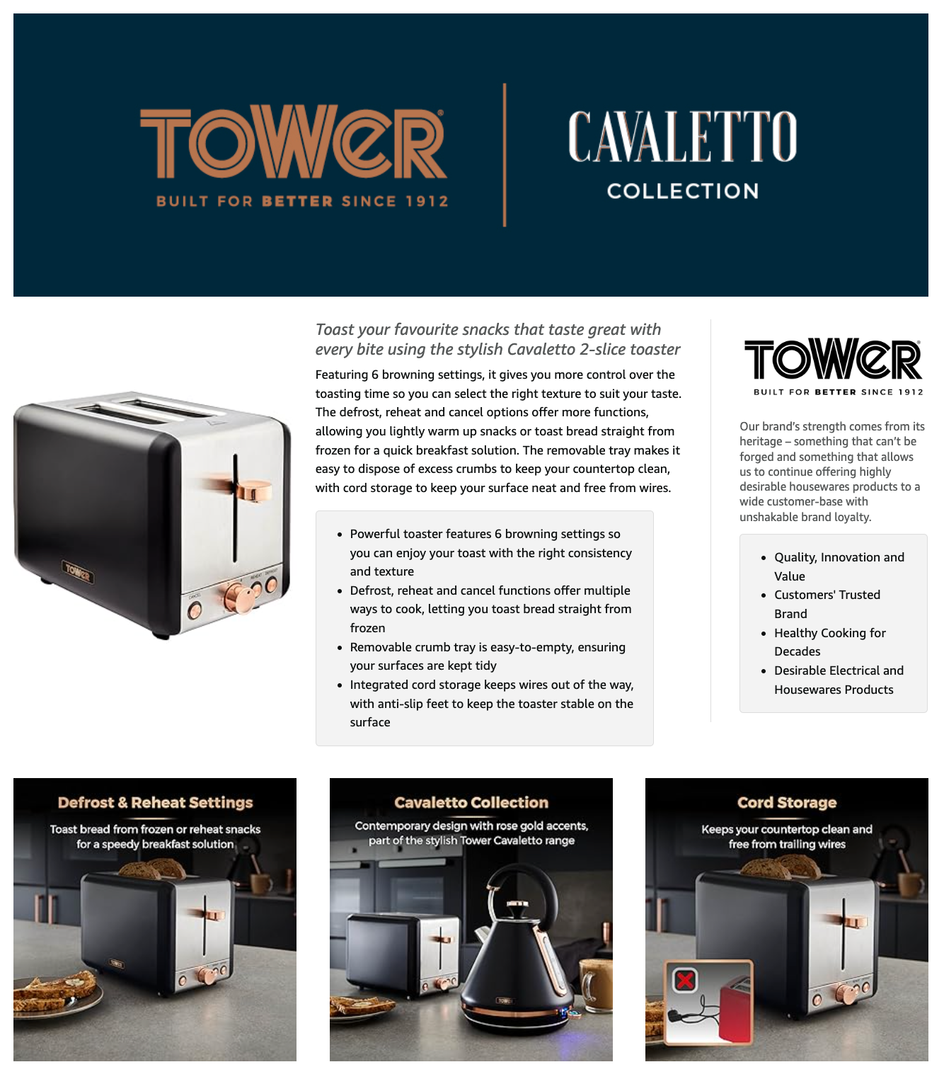 Tower T20036RG Cavaletto 2-Slice Toaster with Defrost/Reheat, Stainless Steel, 850W, Black and Rose Gold