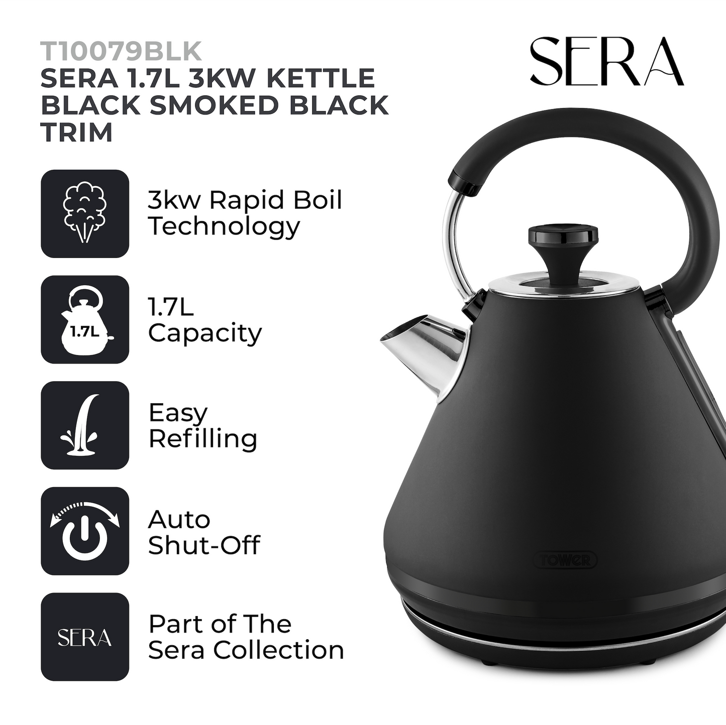 Tower Sera Pyramid Kettle 1.7L 3KW T10079BLK (Black)