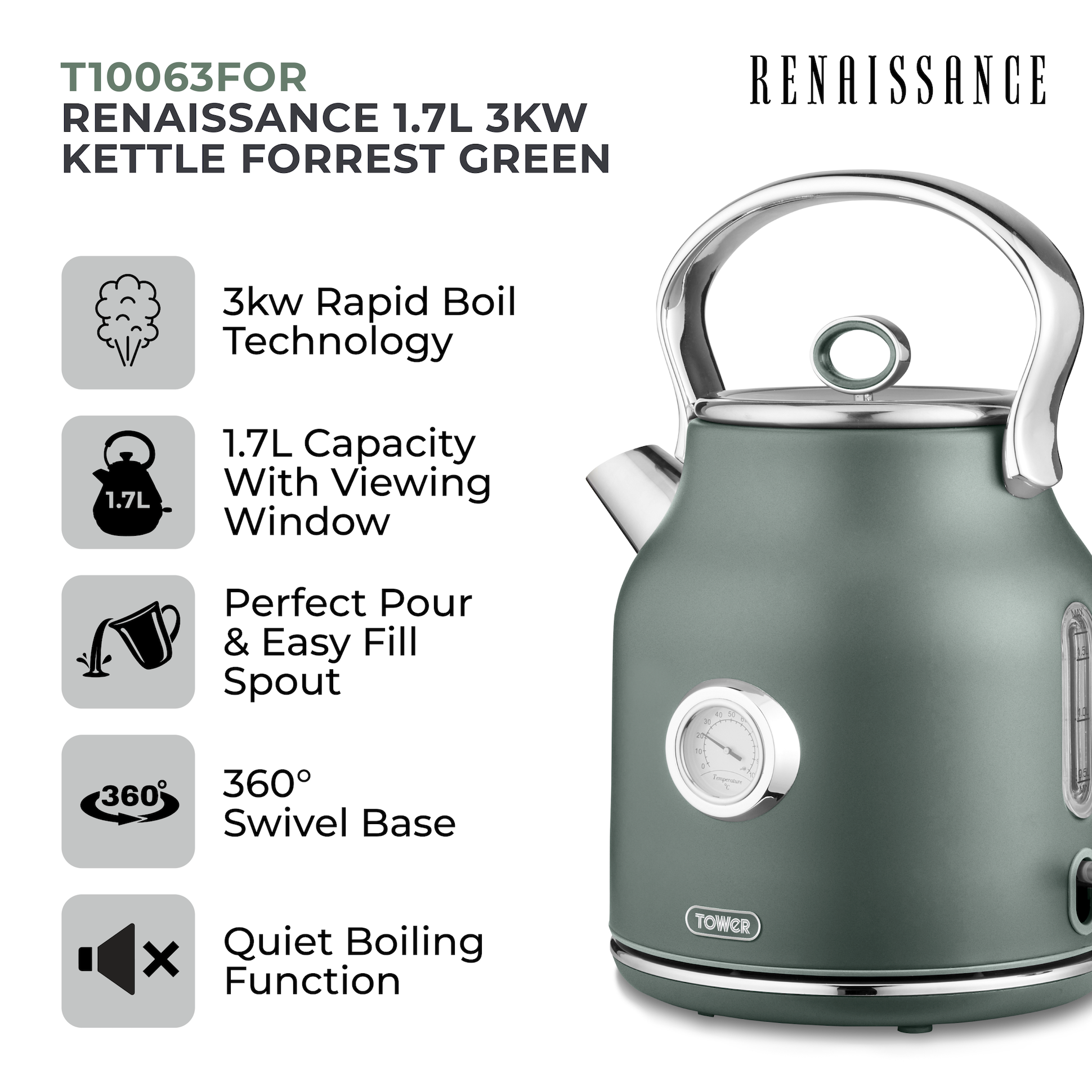 Tower Renaissance Kettle 1.7L T10063FOR (Forest Green)