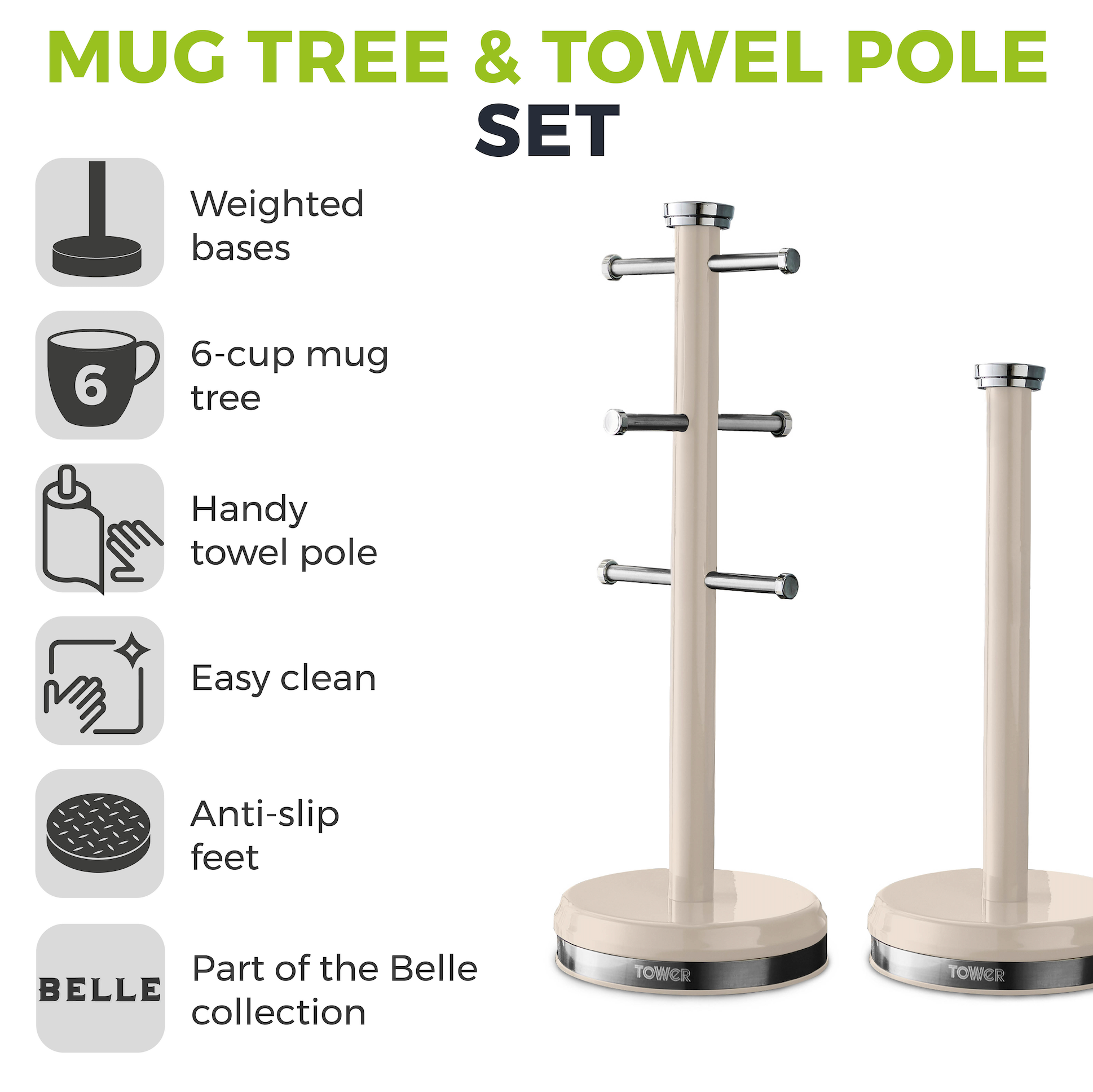 Chantilly cream mug tree and towel pole stand set with weighted black bases