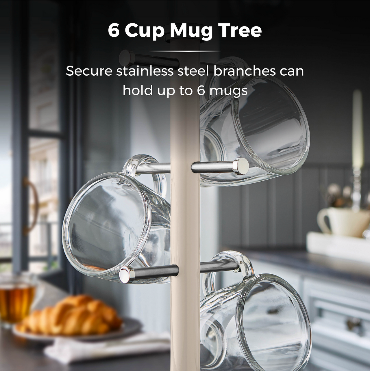 Cream mug tree with stainless branches and metal mug cup holders