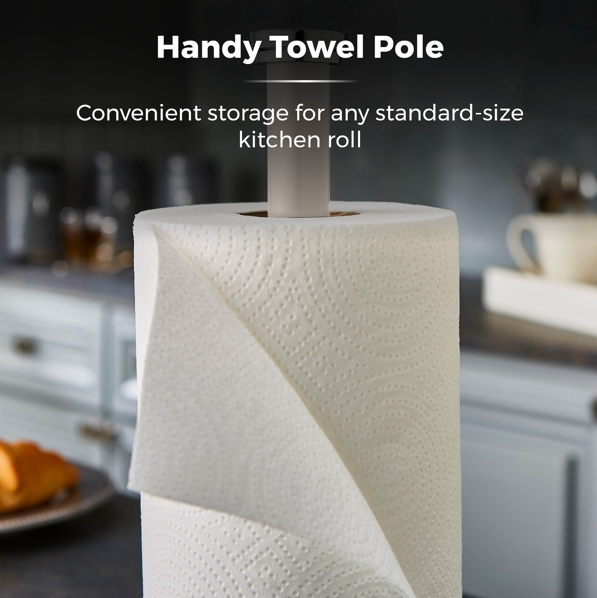 Cream towel pole with top support holding a standard kitchen paper roll