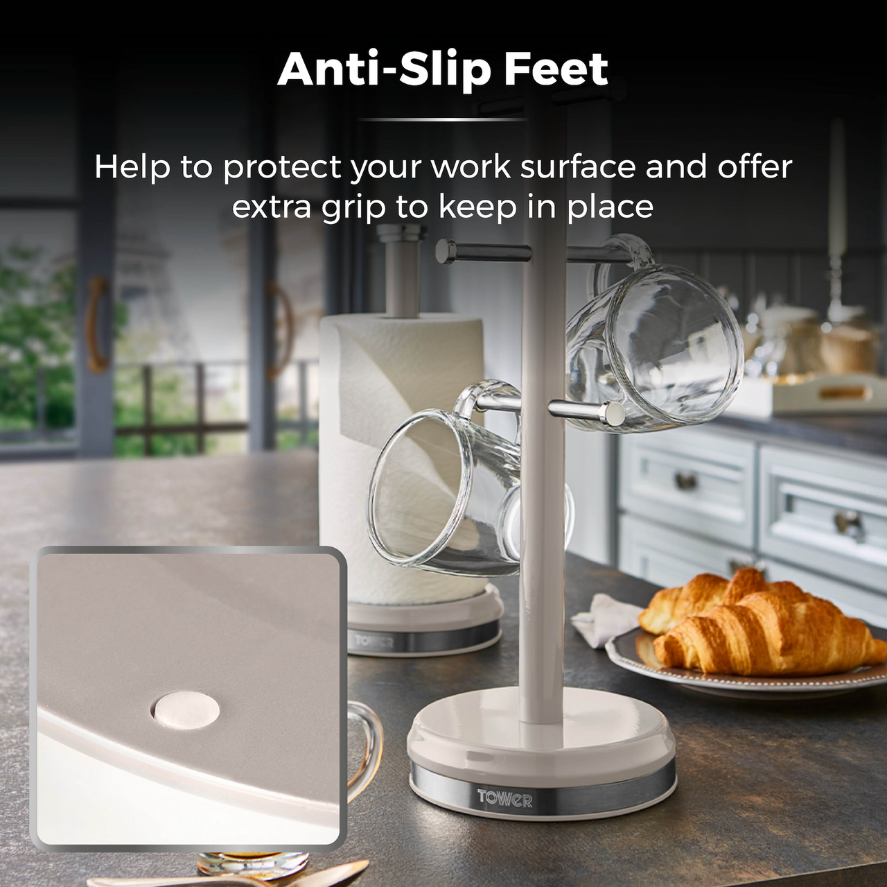 Cream mug tree base with anti-slip feet and TOWER label, stainless mug holders