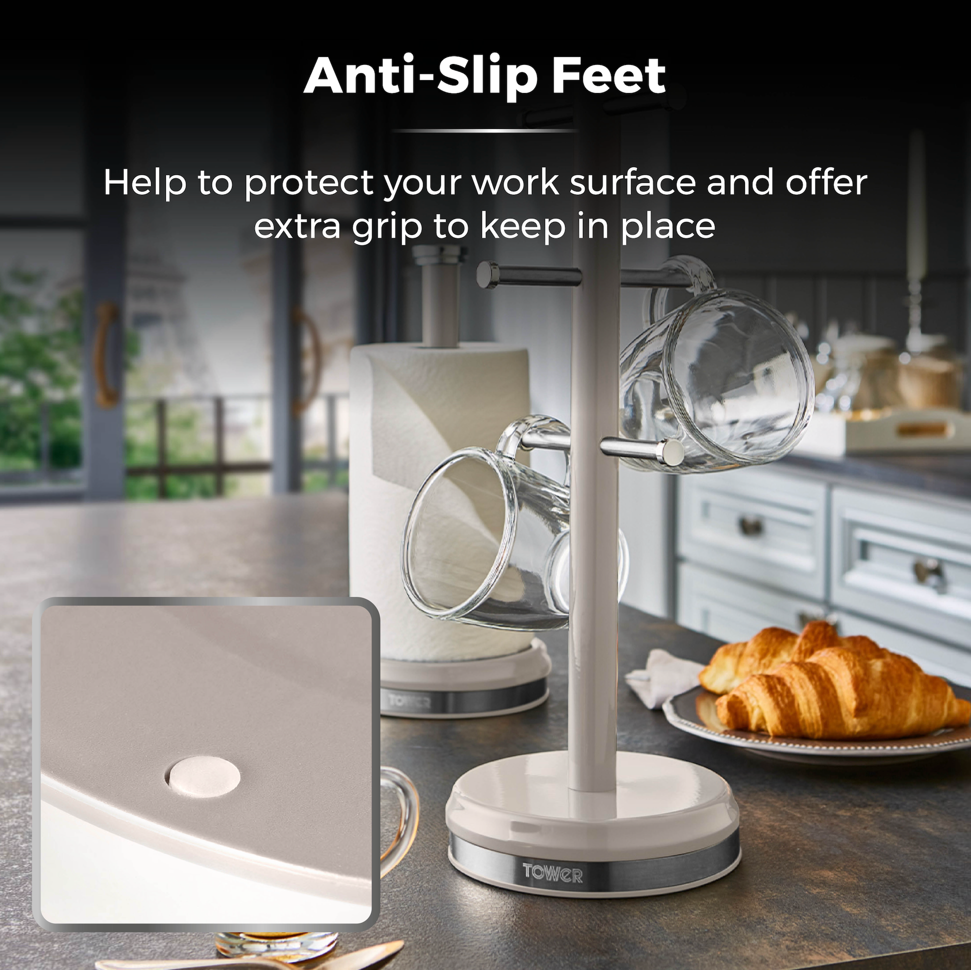 Cream mug tree base with anti-slip feet and TOWER label, stainless mug holders