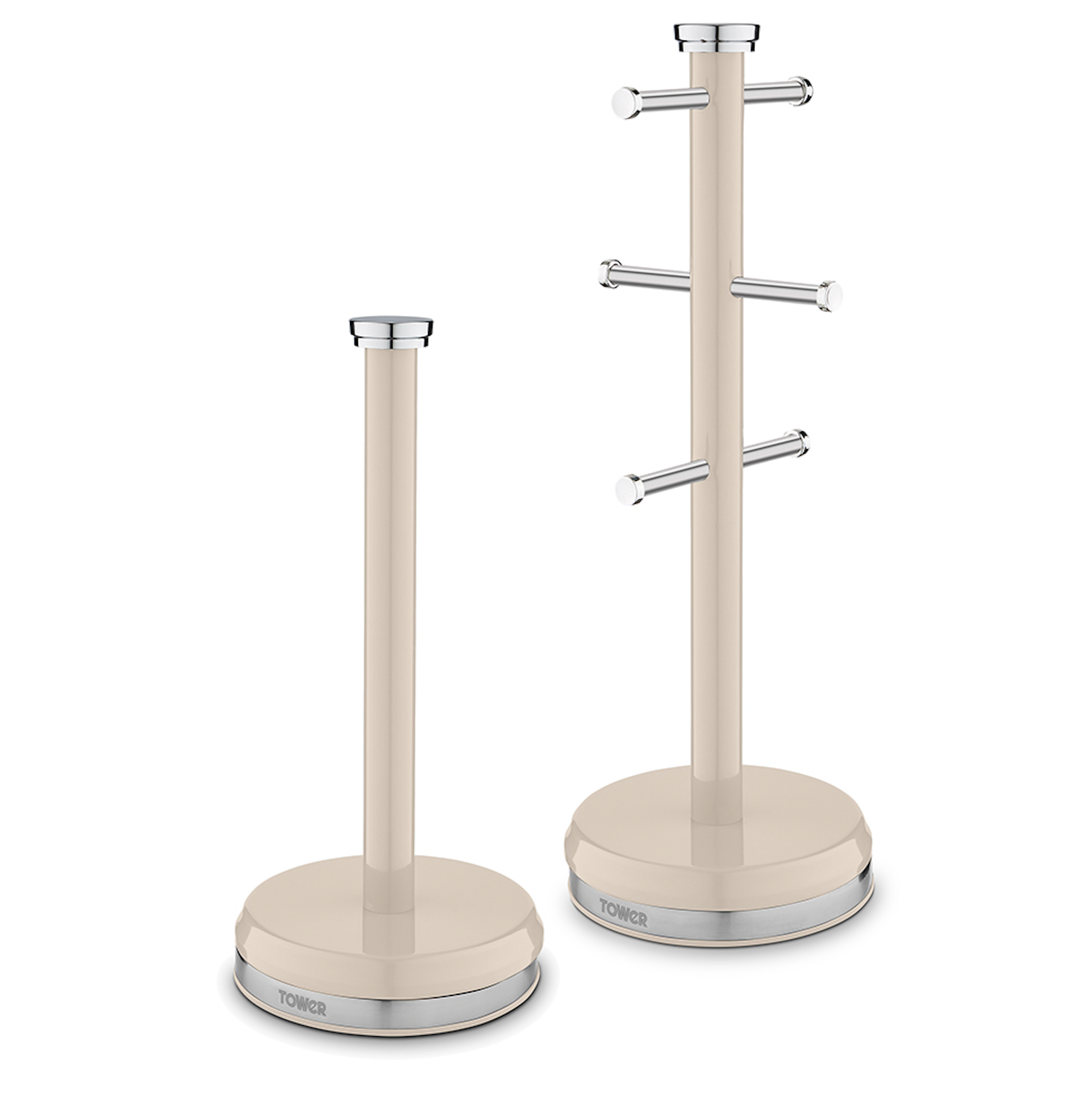 Chantilly cream mug tree and towel pole stand set with stainless hooks and bases