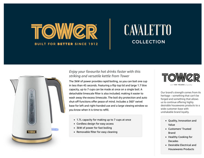 Tower Cavaletto Jug Kettle & 2 Slice Toaster Kitchen Set (Optic White)