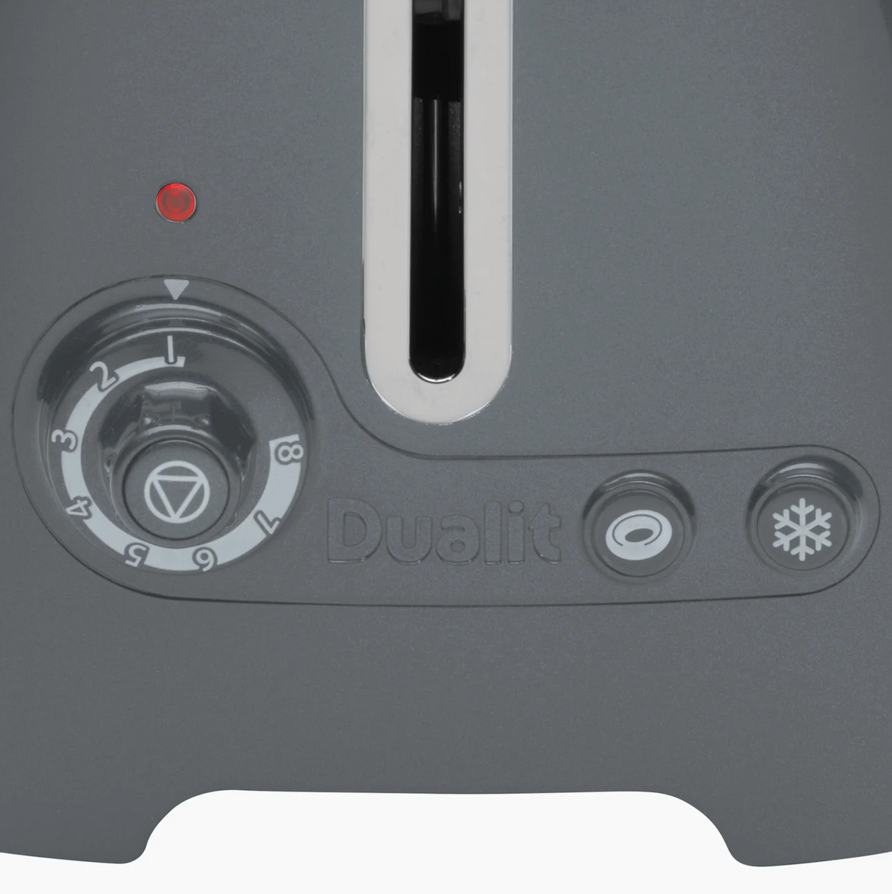 Grey 2-slice toaster control dial with lever and heating-slot opening