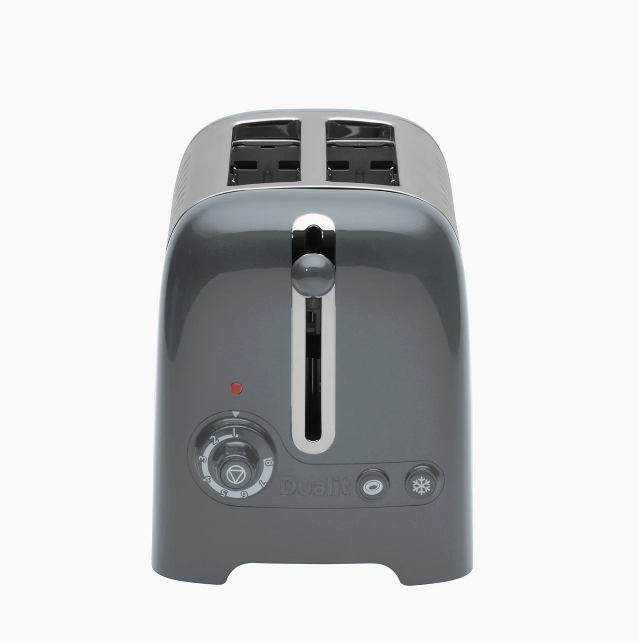 Grey 2-slice toaster front view with lever, browning dial, and two slots