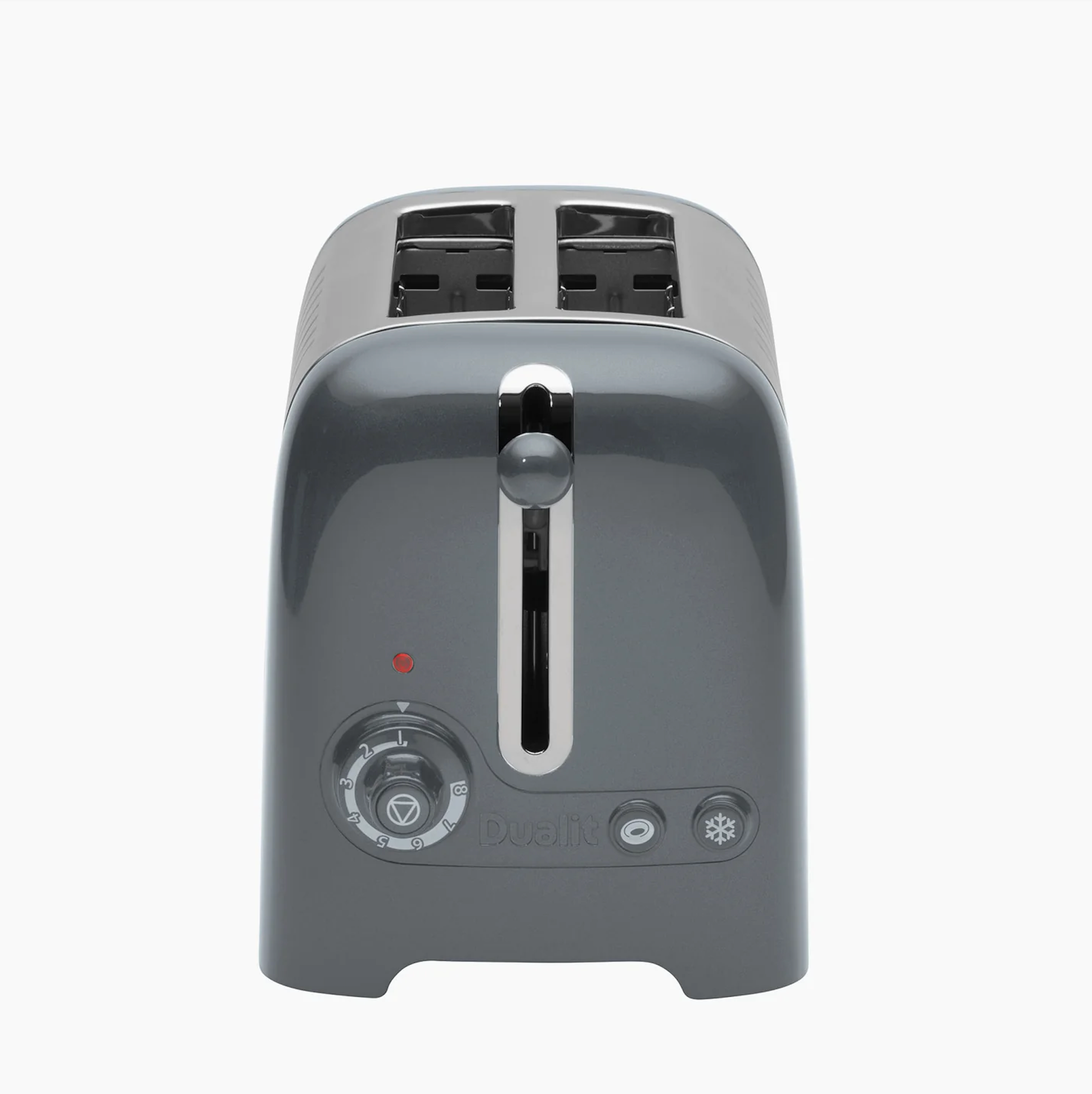 Grey 2-slice toaster front view with lever, browning dial, and two slots
